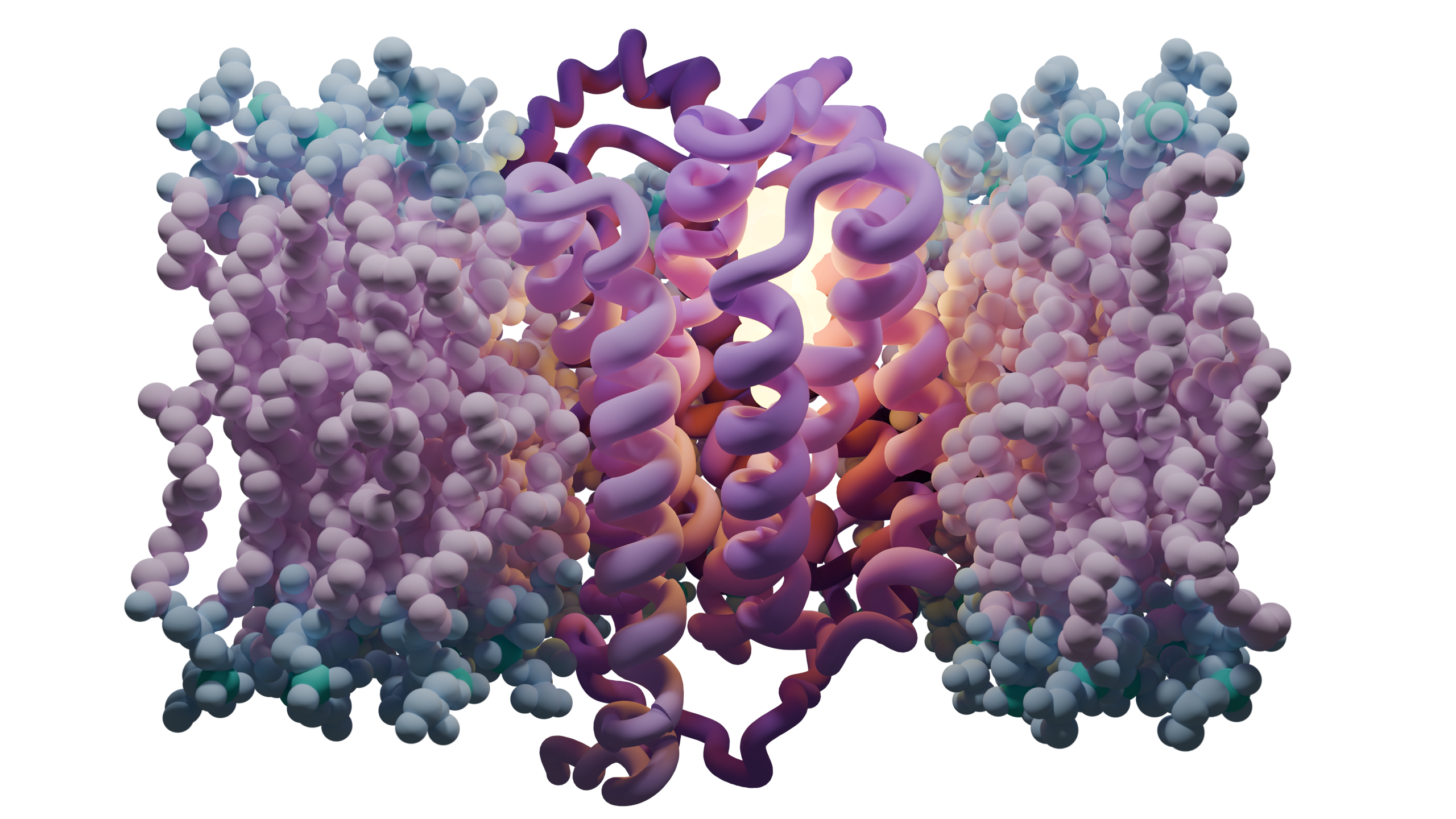 Proteína de bomba de efluxo NorA (PDB 7LO8) inserida em bicamada de POPC, renderizada em 3D